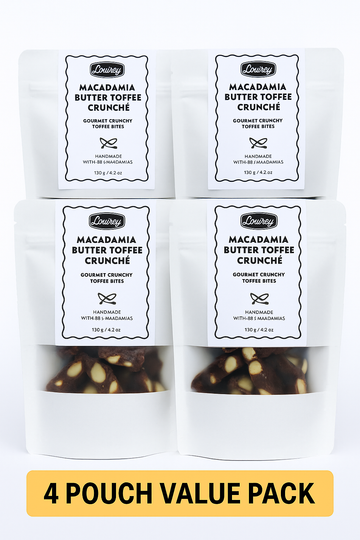 4 Pouches of Lowrey Macadamia Butter Toffee Crunché – 120g Value Pack with 38% Macadamias & Handcrafted Butter Toffee Bites