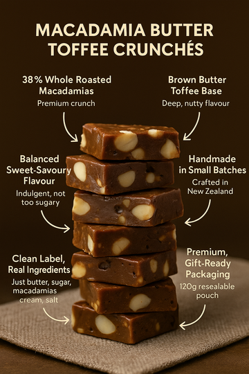 Macadamia Butter Toffee Crunché - Gourmet Crunchy Toffee Bites (8g Single Serve) | Lowrey Foods NZ