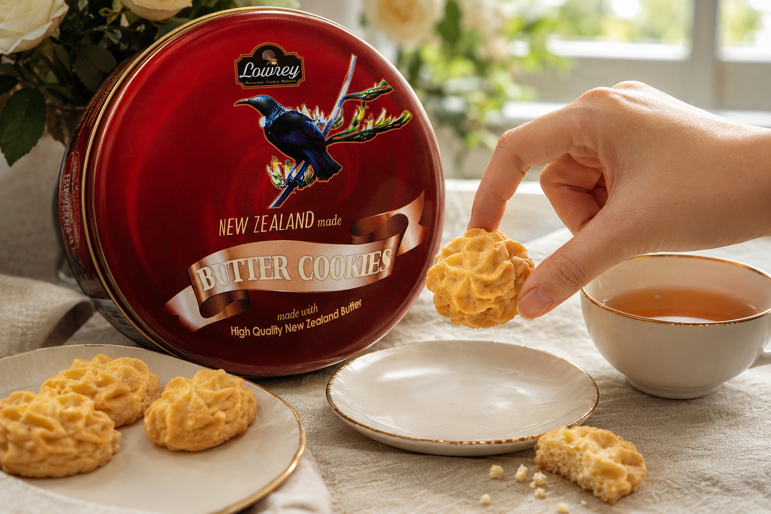 Lowrey Original Butter Cookies served with tea as a gifting and sharing example