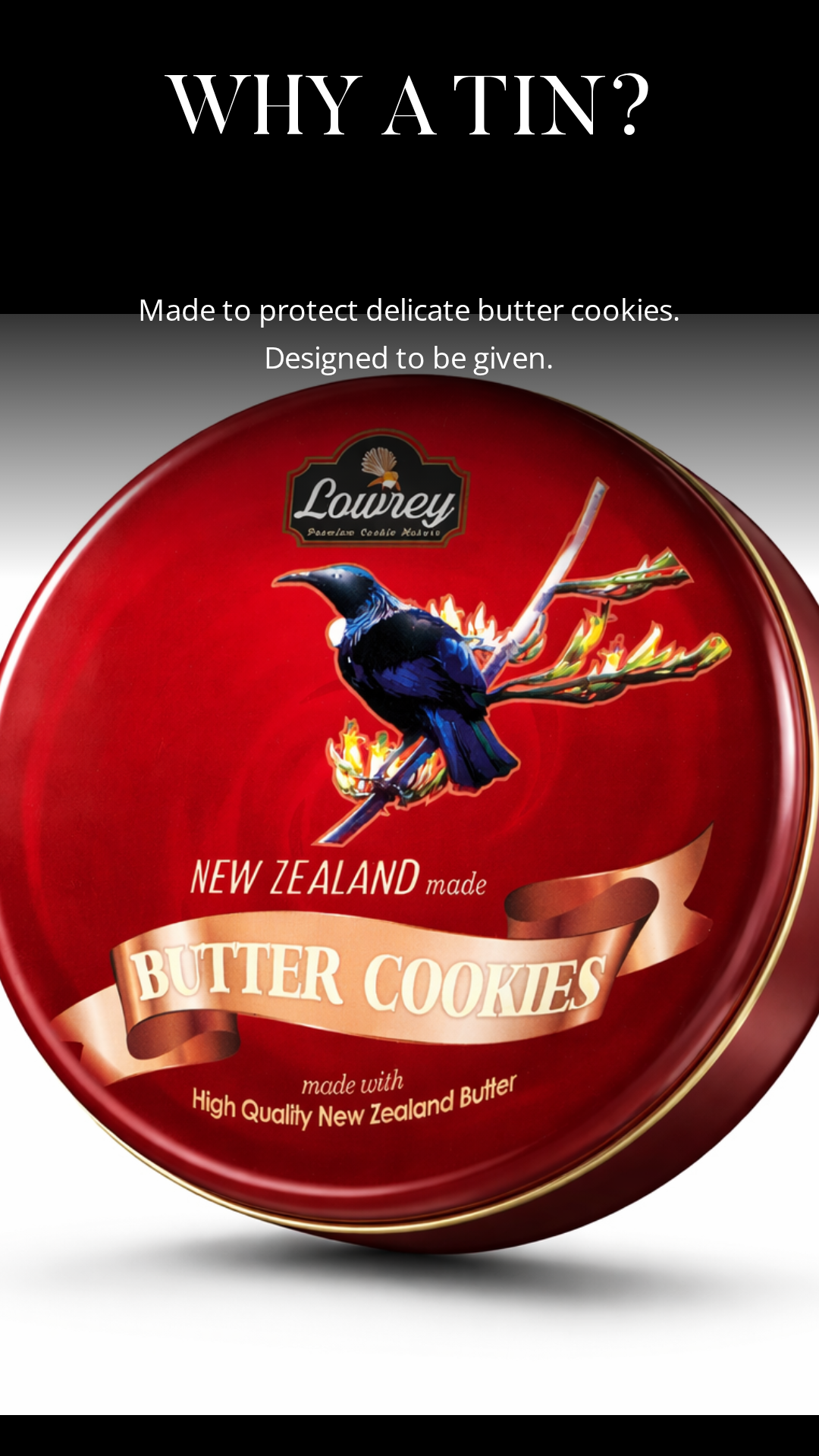 Lowrey red metal butter cookie gift tin showing the presentation and reusable tin format