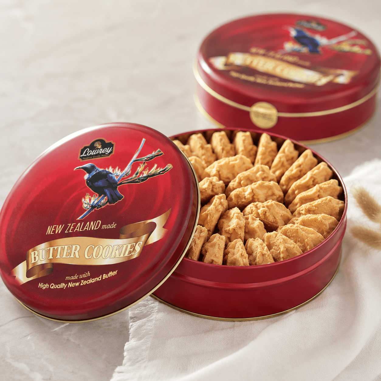 Lowrey Original Butter Cookies in an open red New Zealand gift tin