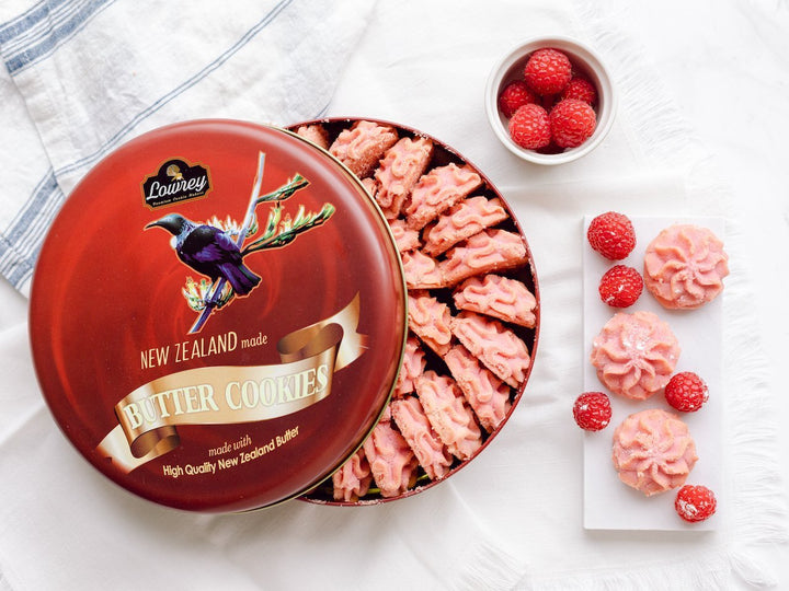 Lowrey Raspberry Butter Cookies – Premium NZ Red Tin - Lowrey Foods