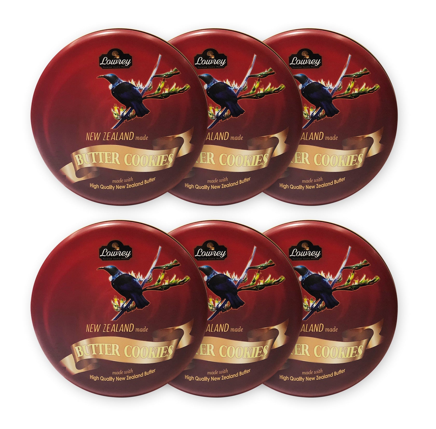 Six Lowrey butter cookie gift tins for international gifting from New Zealand
